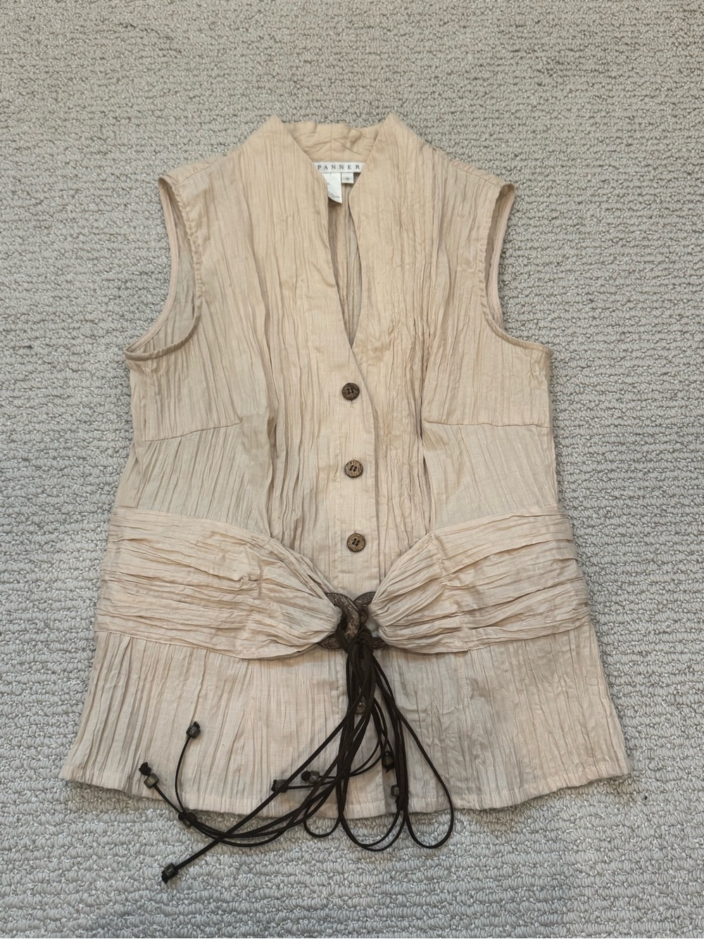 Sleeveless Crinkled Top with Tie Waist in Light Beige